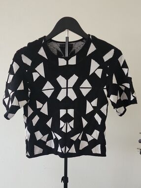 RVN Black Geometric Open Knit Cropped Top Made in USA